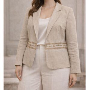 Vintage 90s Bloomingdale’s 100% Linen Beaded Blazer 18W Plus Tan Boho Coastal Ch